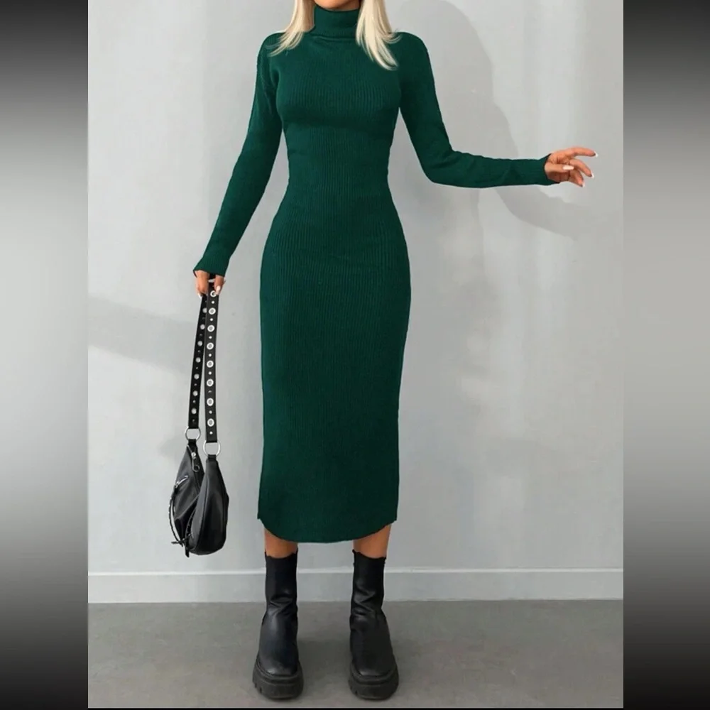 Luxe black high neck sweater bodycon dress - Picture 5 of 16